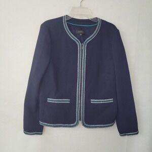 Talbots Navy Blue Woven Textured Blazer Jacket with Teal & White Trim‎ - Sz 12